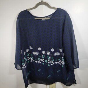 Easywear by Chico Blue Sheer Floral Navy Tunic Top NO SIZE TAG SEE MEASUREMENTS
